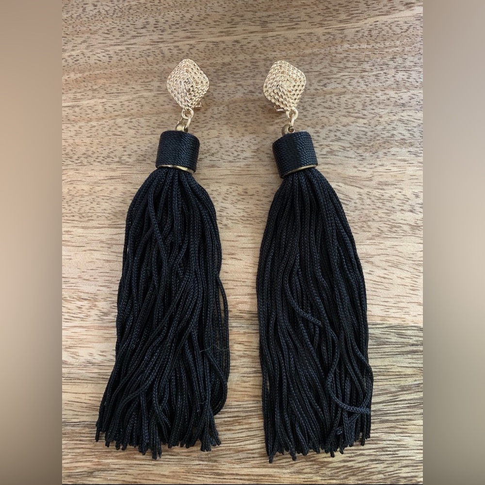 Gold-Accent Black Tassel Drop Earrings